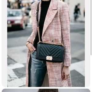 $129 H&M tweed textured weave coat belted red white midi length size 8